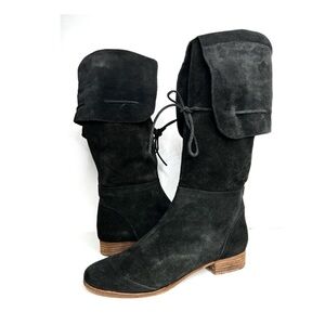 See By Chloe Suede Foldover OTK Tie Up Pull On Knee Boots Black Flat 38 US 8